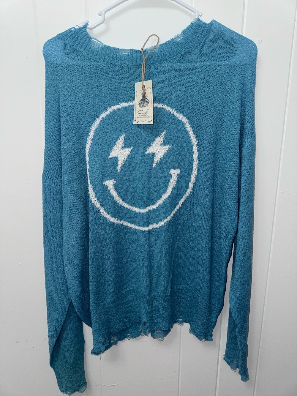 easel Teal Knit Sweater with White Smiley Graphic